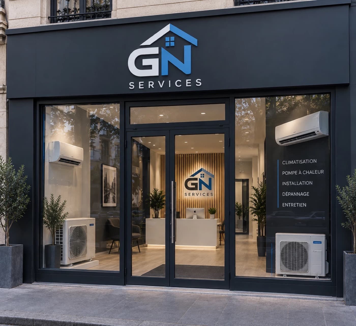 Devanture de l’agence GN, vitrine présentant des unités de climatisation et de pompe à chaleur